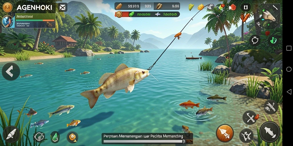 Tampilan gameplay AGENHOKI yang mengasyikkan dengan beragam jenis ikan.