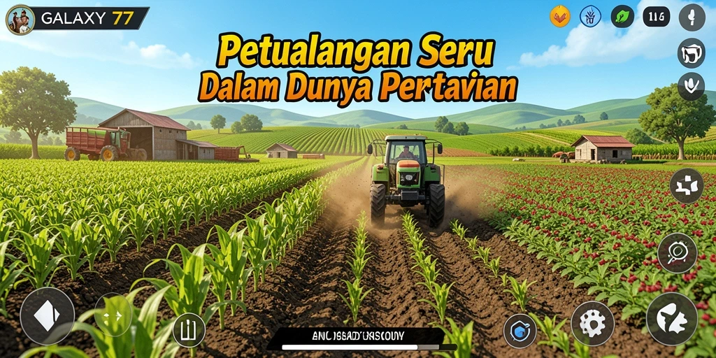 Screenshot gameplay GALAXY77 menampilkan kebun yang subur dan berwarna-warni.