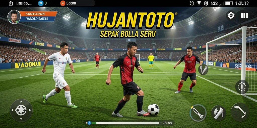 Screenshot gameplay HUJANTOTO menampilkan aksi sepak bola yang mendebarkan.