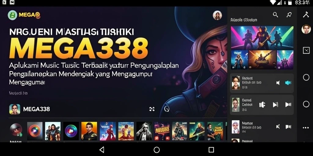 Screenshot utama MEGA338 menunjukkan antarmuka aplikasi yang menarik dengan koleksi musik.