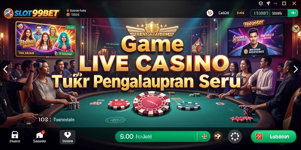 Screenshot utama SLOT99BET menampilkan dealer langsung dengan pemain semangat.