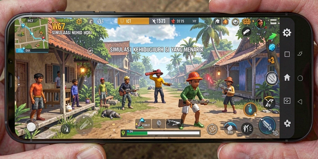 Screenshot W67 menampilkan karakter yang aktif berinteraksi dalam dunia simulasi.