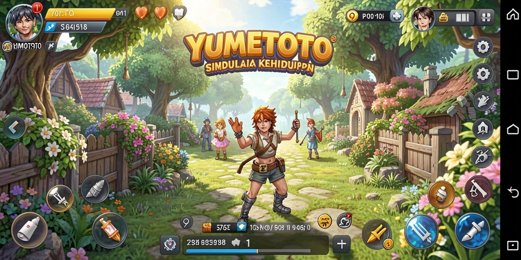 Screenshot utama YUMETOTO menampilkan karakter berinteraksi dalam dunia simulasi yang cerah.